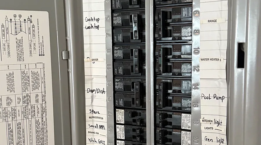 Open electrical panel with each breaker labeled