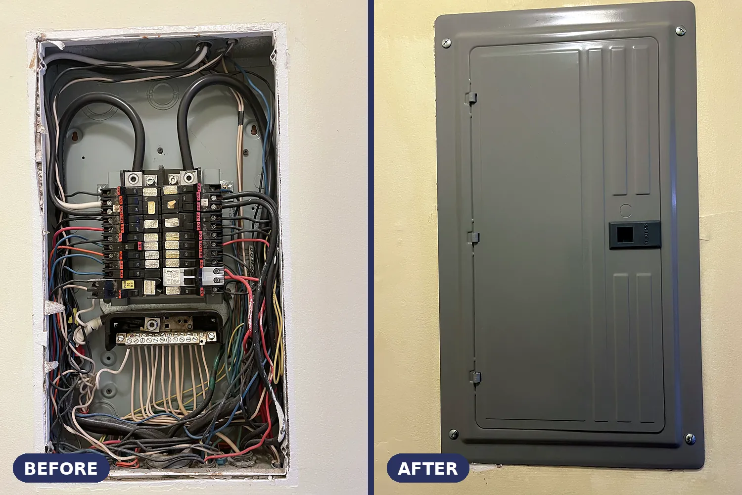 Old Federal Pacific electrical panel beside the new panel that replaced it