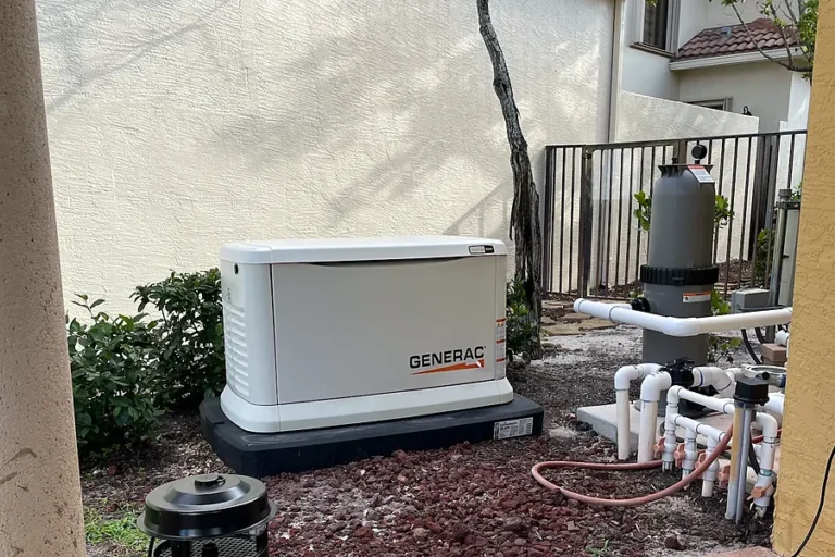Generac home standby generator installed on a pad beside pool equipment