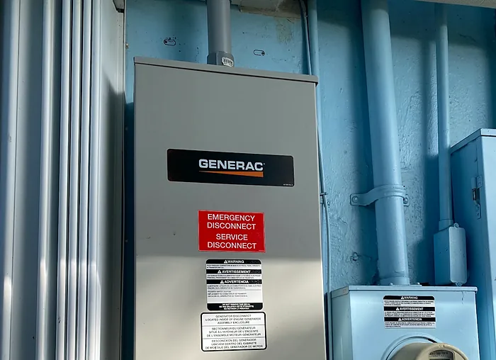 Generac automatic transfer switch mounted beside the electric meter
