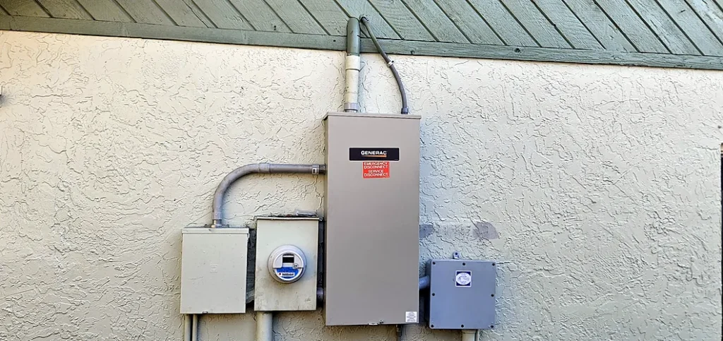 Generator transfer switch, meter and disconnect mounted on an exterior stucco wall