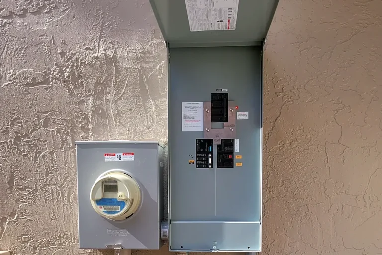 New outdoor electrical service panel and meter on a stucco wall