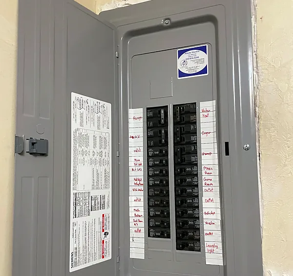 New 200 amp electrical panel with labeled breakers in a Pembroke Pines, Florida home
