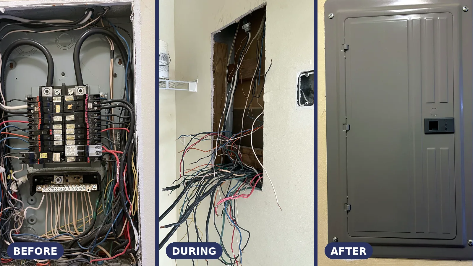 Electrical panel replacement before, during and after: old breaker panel, rewiring in progress and the new Siemens panel installed