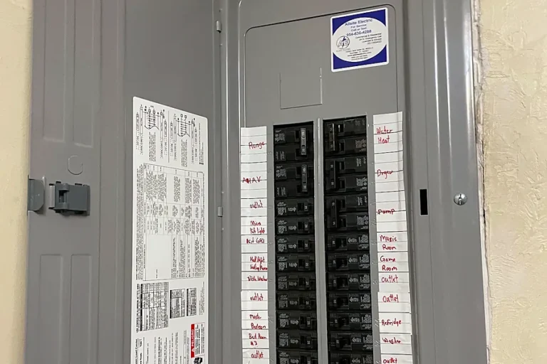 New 200 amp electrical panel with labeled breakers in a Pembroke Pines, Florida home