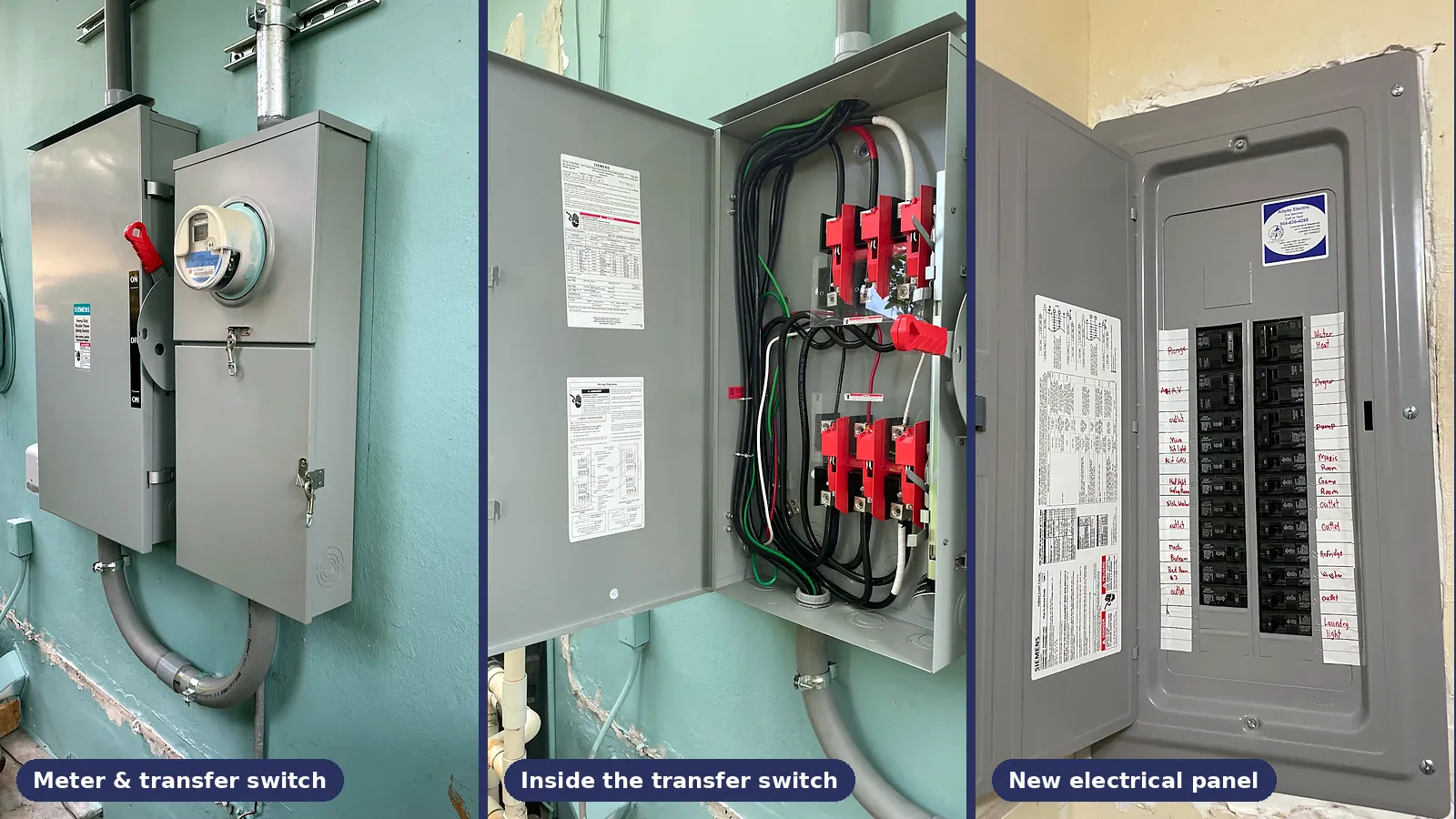 Three views of a 200 amp service upgrade in Pembroke Pines: the meter and generator transfer switch outside, the inside of the transfer switch, and the new electrical panel